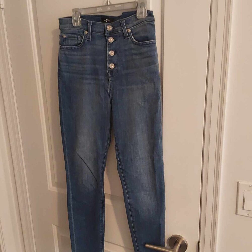 7 for All Mankind High Waist Ankle Skinny with Button Fly in Shoreline Drive